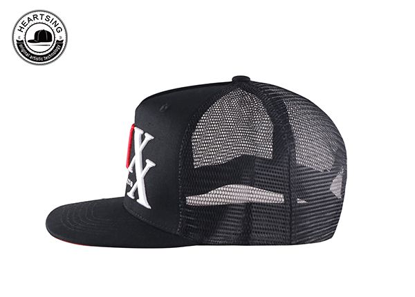 Lado del sombrero Snapback de malla negra personalizada con Bonderbill rojo