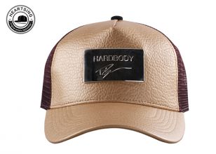 Hat de malla de cuero de color caqui personalizado para sombreros de camionero de Snapback con un parche de metal
