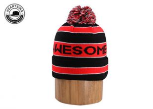 gorro de gorro personalizado moda personalizada de invierno rojo rayas de punto de punto con bola-b002