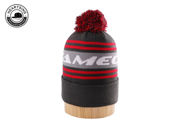 Invierno personalizado Soft unisex Pom Pom Stripe Knit Beanie-B011 de gris oscuro