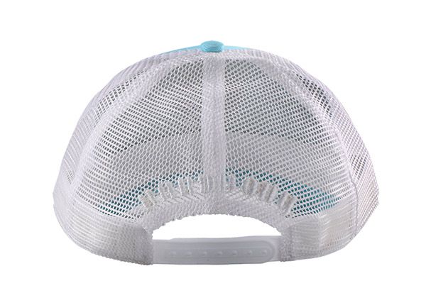 Back of Teal Green Dad Trucker Hat con malla gris hacia atrás