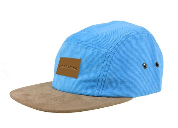 Slant of Baby Blue 5 panel de 5 paneles con borde de gamuza marrón y una etiqueta de cuero