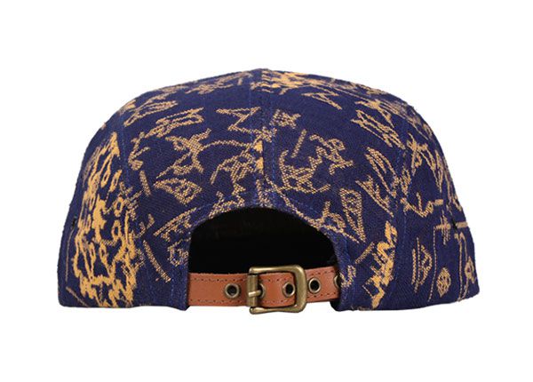 Back of Navy Vintage Style 5 Panel Sombrá con borde de cuero marrón