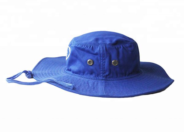 Lado de Wide Brim Royal Blue Bucket Sombrero con cuerda